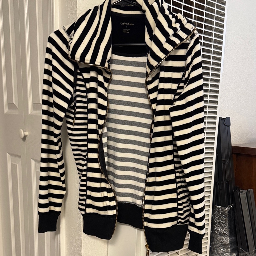 Calvin Klein Black and White Striped Zip Hoodie Jacket
